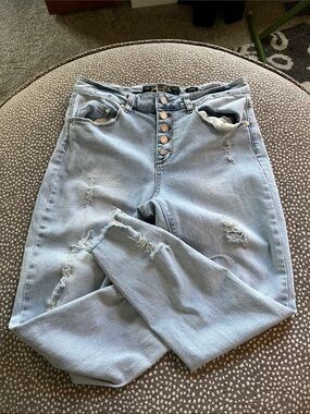 Indigo Rein Light Blue High-Rise Distressed Button-Fly Jeans